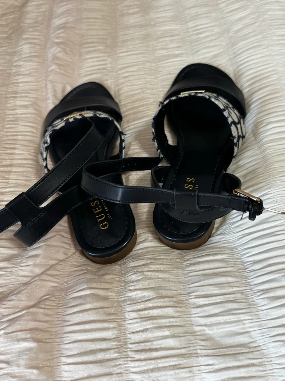 GUESS Navy Blue Leather & Monogram Logo Strap Sandals